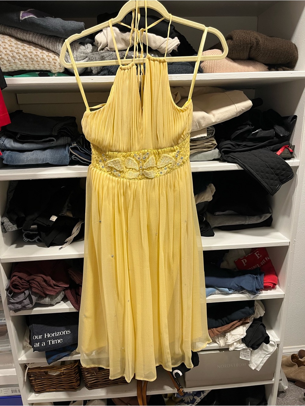 le chateau Pale Yellow Halter Pleated Evening Dress with Beaded Waist